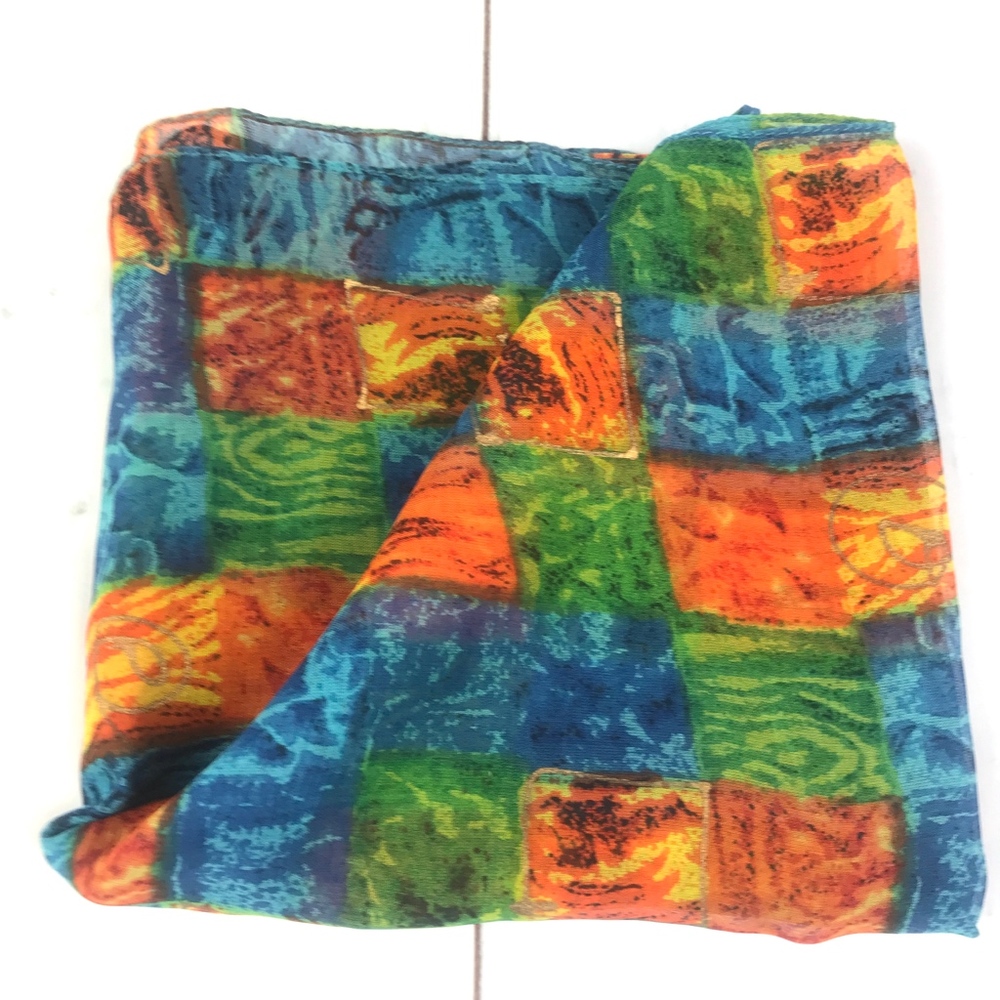 Vintage Scarf Blue Green Orange Gold Squares